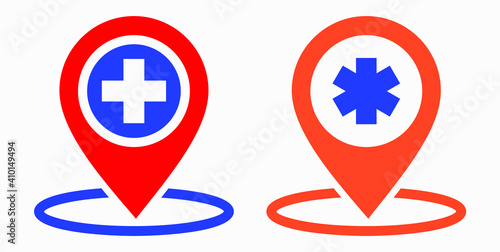Hospital location icon. Pharmacy location. Location of the medical facility. Doctor's coordinates. Vector icon.