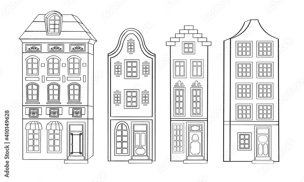 Set of three silhouette of old european houses and three street lanterns. Stylized freehand drawn picture. Isolated on white. Romantic illustration for postcard or real estate. Vector illustration