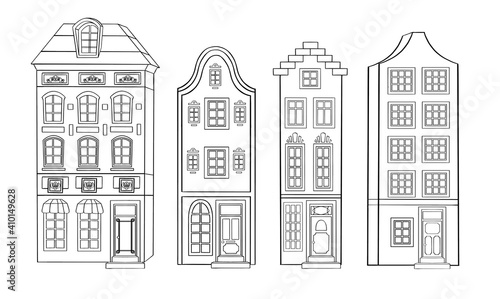 Set of three silhouette of old european houses and three street lanterns. Stylized freehand drawn picture. Isolated on white. Romantic illustration for postcard or real estate. Vector illustration