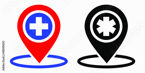Hospital location icon. Pharmacy location. Location of the medical facility. Doctor's coordinates. Vector icon.