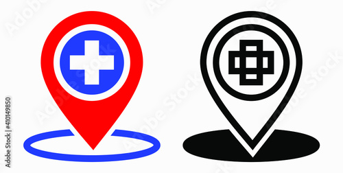 Hospital location icon. Pharmacy location. Location of the medical facility. Doctor's coordinates. Vector icon.