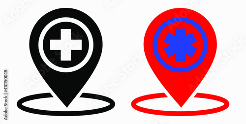 Hospital location icon. Pharmacy location. Location of the medical facility. Doctor's coordinates. Vector icon.