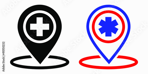 Hospital location icon. Pharmacy location. Location of the medical facility. Doctor's coordinates. Vector icon.