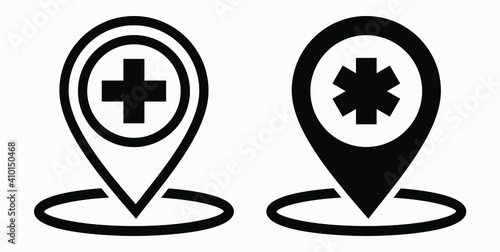 Hospital location icon. Pharmacy location. Location of the medical facility. Doctor's coordinates. Vector icon.