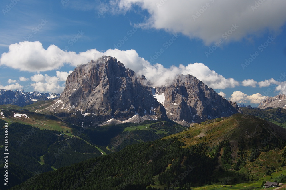 Subalpine Region mit blühenden Matten in den Dolomiten, Seiser Alm, Südtirol, Italien Subalpine Region mit blühenden Matten in den Dolomiten, Seiser Alm, Südtirol, Italien
