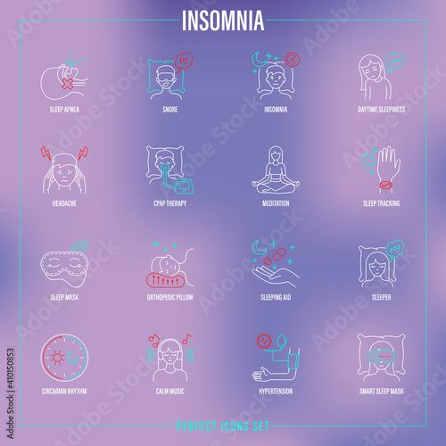Insomnia set. Methods of prevention: sleep apnea, CPAP therapy, orthopedic pillow, sleep mask, pills, circadian rhythm, calm music, hypertension, smart sleep mask. Thin line icons. Vector illustration