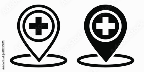 Hospital location icon. Pharmacy location. Location of the medical facility. Doctor's coordinates. Vector icon.