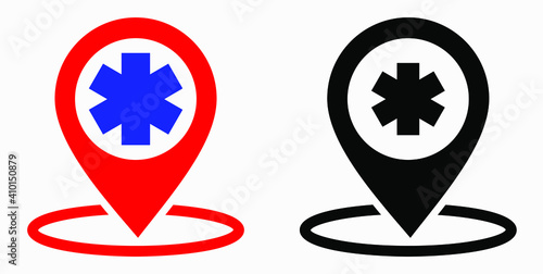 Hospital location icon. Pharmacy location. Location of the medical facility. Doctor's coordinates. Vector icon.
