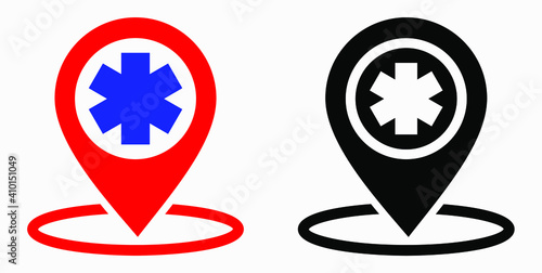 Hospital location icon. Pharmacy location. Location of the medical facility. Doctor's coordinates. Vector icon.