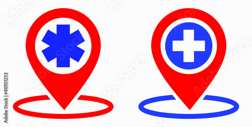 Hospital location icon. Pharmacy location. Location of the medical facility. Doctor's coordinates. Vector icon.