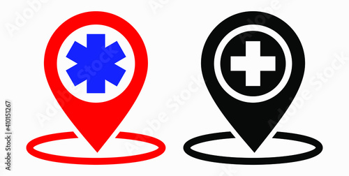Hospital location icon. Pharmacy location. Location of the medical facility. Doctor's coordinates. Vector icon.