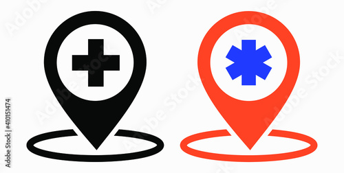 Hospital location icon. Pharmacy location. Location of the medical facility. Doctor's coordinates. Vector icon.