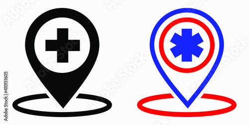 Hospital location icon. Pharmacy location. Location of the medical facility. Doctor's coordinates. Vector icon.