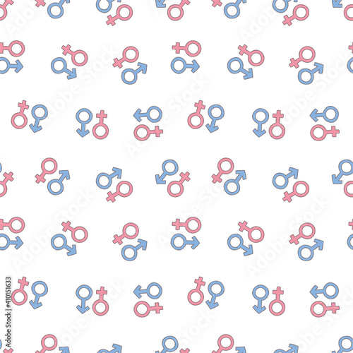 Gender symbols pattern. The seamless background of doodle male and female symbols on a white background. Vector 10 EPS.