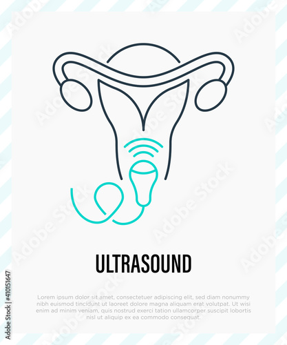 Gynecology ultrasound. Medical examination, obstetrics. Uterus and ovaries. Thin line icon. Vector illustration.