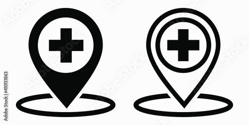 Hospital location icon. Pharmacy location. Location of the medical facility. Doctor's coordinates. Vector icon.