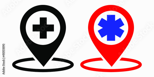 Hospital location icon. Pharmacy location. Location of the medical facility. Doctor's coordinates. Vector icon.