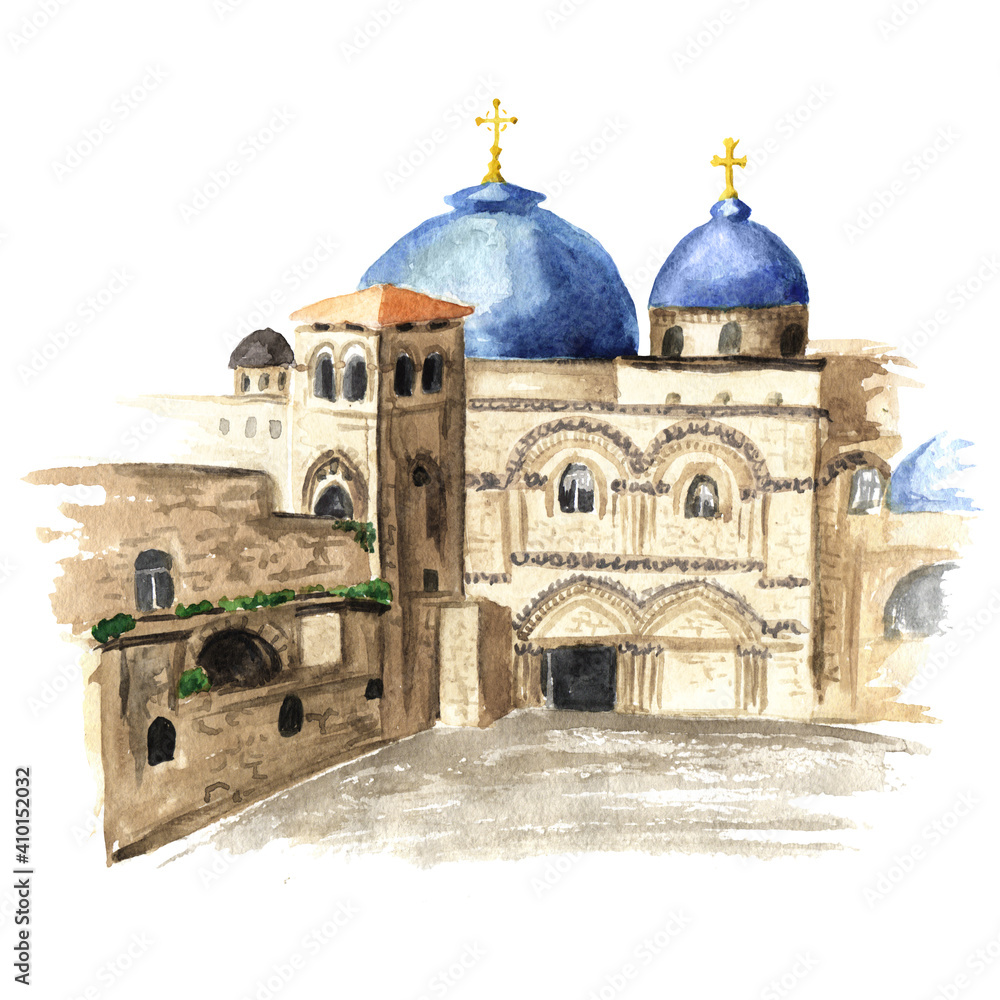Church of the Holy Sepulchre in Jerusalem, Israel. Hand drawn watercolor illustration, isolated on white background