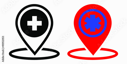 Hospital location icon. Pharmacy location. Location of the medical facility. Doctor's coordinates. Vector icon.