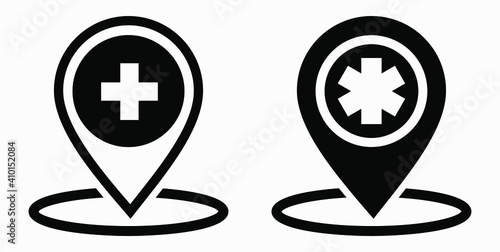 Hospital location icon. Pharmacy location. Location of the medical facility. Doctor's coordinates. Vector icon.