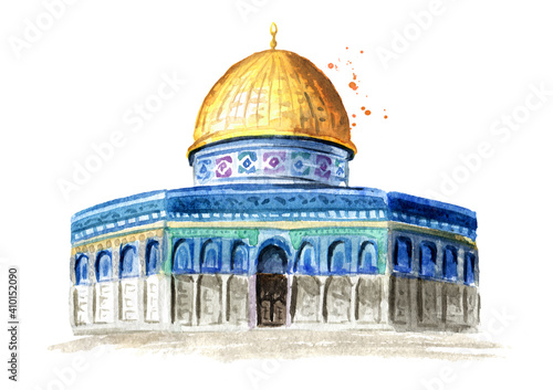 Dome of Rock or Qubbatus Sakhra in Masjidil Aqsa compound on the Temple Mount in Jerusalem, Israel. Hand drawn watercolor illustration, isolated on white background