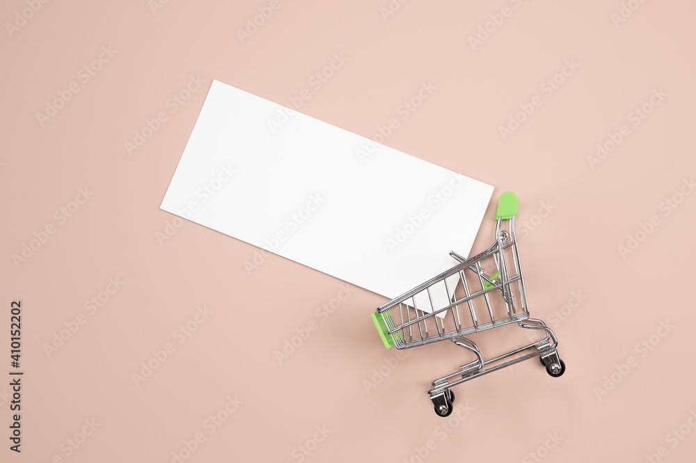 Creative shopping background with mini shopping cart and empty card in it on pink background with copy space. Black friday and sales concept.. Creative shopping background with mini shopping cart and empty card in it on pink background with copy space. Black friday and sales concept..
