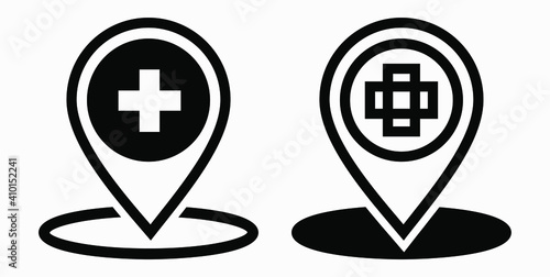 Hospital location icon. Pharmacy location. Location of the medical facility. Doctor's coordinates. Vector icon.