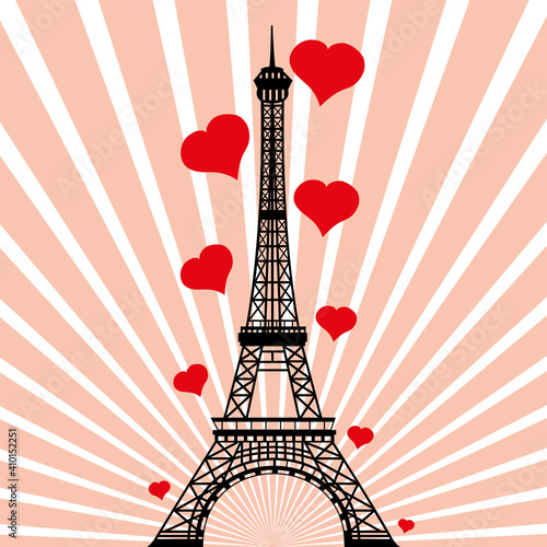 Beautiful Eiffel Tower. Vector Drawing With Red Hearts.