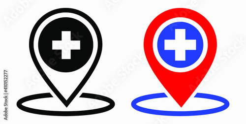 Hospital location icon. Pharmacy location. Location of the medical facility. Doctor's coordinates. Vector icon.
