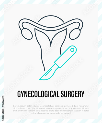 Gynecological surgery, problem with reproductive system. Thin line icon. Gynecology. Uterine, ovaries and scalpel. Vector illustration.