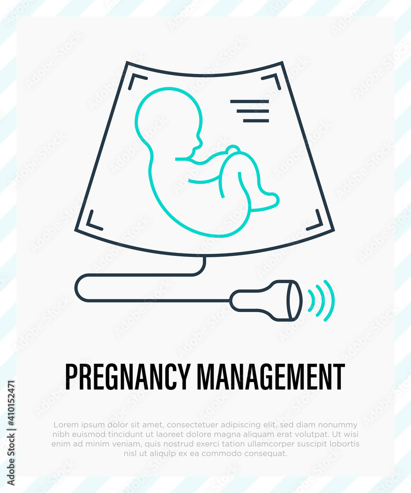 Pregnancy management thin line icon. Embryo on ultrasound. Gynecology, obstetrics. Vector illustration.