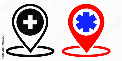 Hospital location icon. Pharmacy location. Location of the medical facility. Doctor's coordinates. Vector icon.