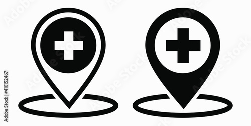Hospital location icon. Pharmacy location. Location of the medical facility. Doctor's coordinates. Vector icon.