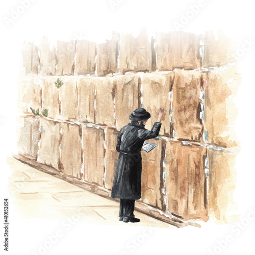 Orthodox Jew prays at the Western or wailing or crying Wall in Jerusalem, Israel. Hand drawn watercolor illustration, isolated on white background photo