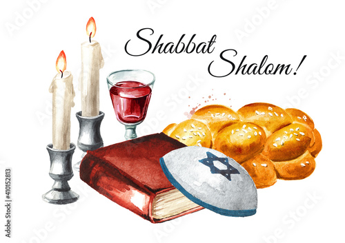 Принти на полотні Shabbat Shalom card, Traditional jewish celebration oh the Shabbat, challah, candles, Torah book and wine