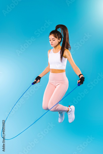 Full length body size profile side view of her she nice attractive sportive slim thin slender lady working out dream life self motivation figure correction isolated over blue background