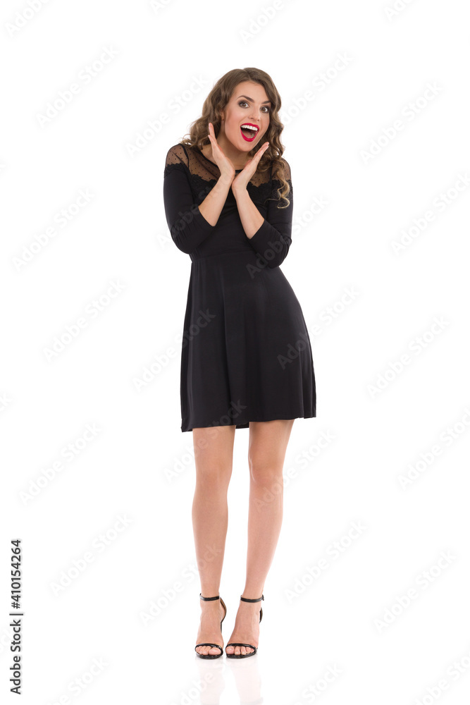 Fototapeta premium Happy Young Woman In Elegant Black Dress And High Heels Is Shouting