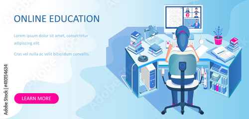 Learning online at home. Student sitting at desk and looking at computer monitor. E-learning banner. Web courses or tutorials concept. Distance education flat isometric vector illustration.