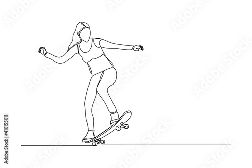 Continuous line drawing of young woman playing skateboard. Single one line art sport vector illustration theme. Person play game for exercise and hobby isolated on white background.