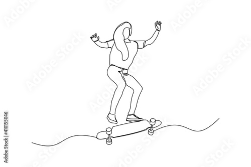 Continuous line drawing of young woman playing skateboard. Single one line art sport vector illustration theme. Person play game for exercise and hobby isolated on white background.