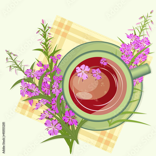 Herbal Tea with Epilobium or Fireweed inflorescences, Healing Drink. Russian Ivan - tea rich infusion or decoction, top view close-up. Vector illustration.