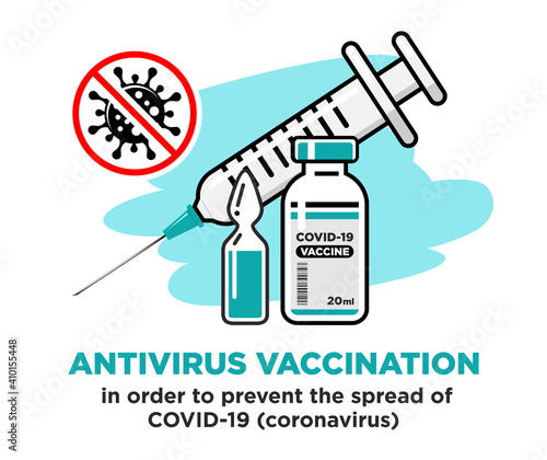 COVID-19 global vaccination concept. Medical syringe with needle, Vial and bottle with the drug, Stop coronavirus warning sign. Vector on transparent background