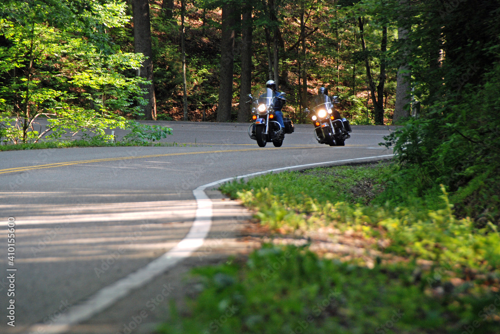 riding twi American motorcycles on winding road through lush green forest riding twi American motorcycles on winding road through lush green forest