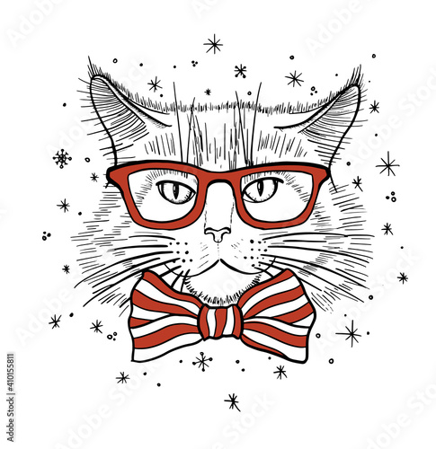 Hand drawn portrait of Cat in glasses with bow tie. Vector illustration isolated on white