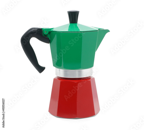 Geyser coffee maker in the color of the Italian flag. Isolated on a white background.