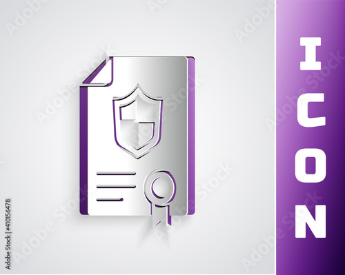 Paper cut Contract with shield icon isolated on grey background. Insurance concept. Security, safety, protection, protect concept. Paper art style. Vector.