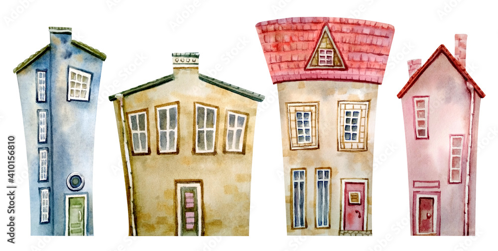 A set of watercolor cute fairy-tale houses for creating compositions of streets, villages and cities. Hand-drawn spring-summer illustration. Design of textiles, wallpapers and wrappers