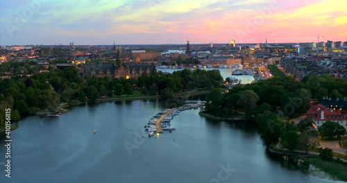 Aerial, Cloudy sundown over Stockholm city, Sweden