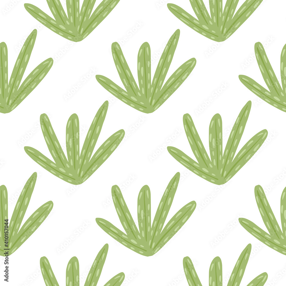 Isolated botanic seamless pattern with green leaf doodle shapes. White background. Cartoon backdrop.