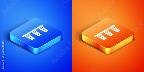 Isometric Water filter icon isolated on blue and orange background. System for filtration of water. Reverse osmosis system. Square button. Vector.